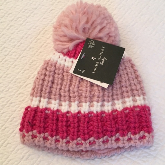 NWT Laura Ashley Baby Knit Fleece Pom Pom Hat 0-12m Wide Pink Stripe - Picture 1 of 5